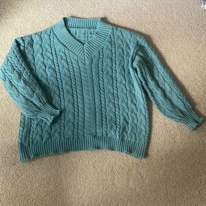 Teal Colored, V-Neck, Cable Knit Sweater
